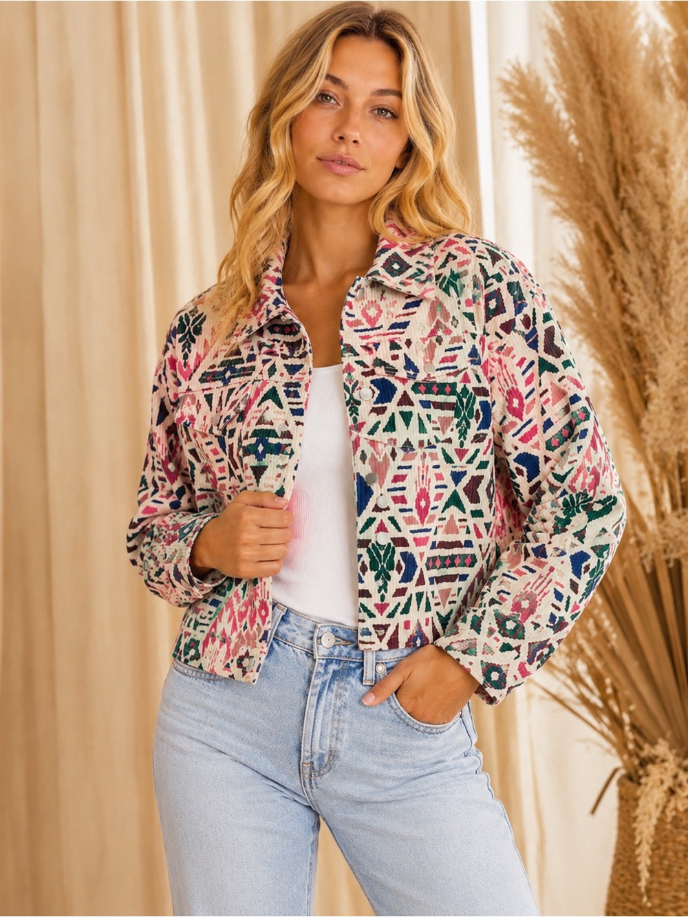 Savanna Jane Women’s Medium Aztec Print Corduroy Jacket High Low Shacket NWT